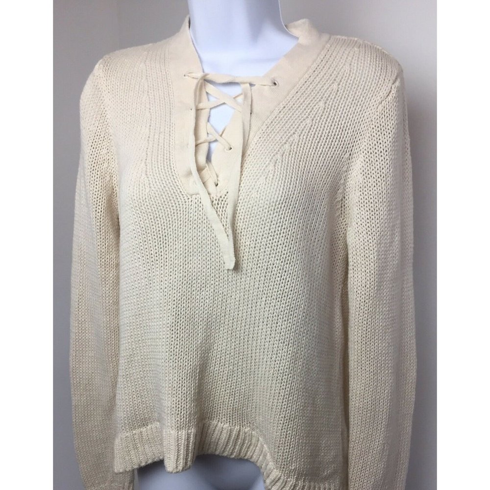 J Crew Cream Linen Blend Lace Up Front Open Knit